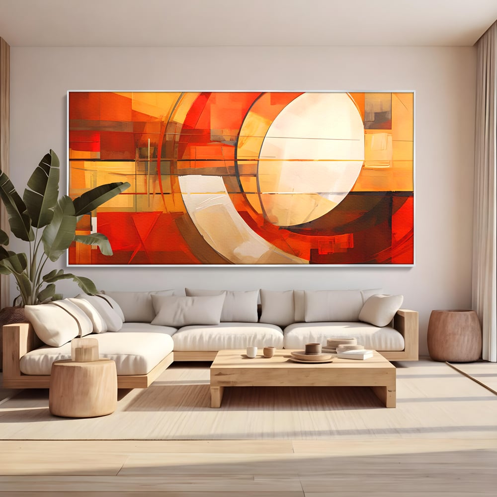 Tablou canvas cu tablou canvas cu pictura abstracta geometrica, in rama de aluminiu argintiu, pe perete intr-un living